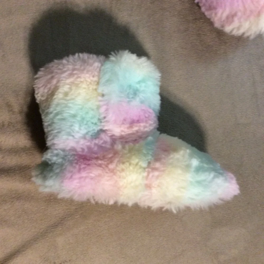 rainbow colored fuzzy slippers